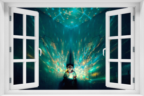 Fototapeta Naklejka Na Ścianę Okno 3D - Little boyl in his room with night light projecting stars on room ceiling. Children read before bedtime.