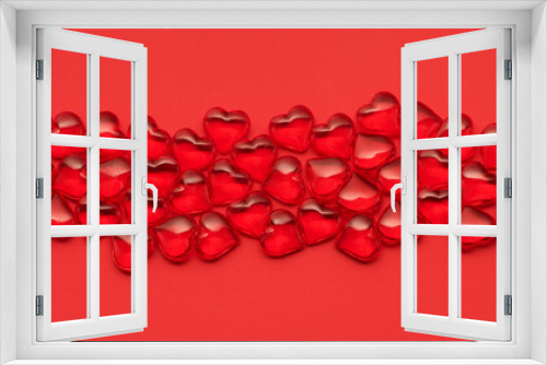 Valentine day background with red hearts on a red background, top view. February 14 festive card, Valentine's day.