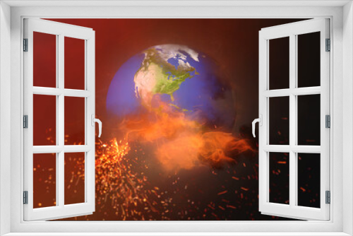 Fototapeta Naklejka Na Ścianę Okno 3D - The globe burnt with fire on a black background
