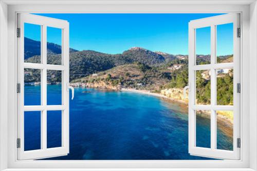 Fototapeta Naklejka Na Ścianę Okno 3D - Aerial view over western Alonnisos island and the rock formation. Natural landscape, beautiful Greek scenery, spectacular view in Sporades, Aegean sea, Greece
