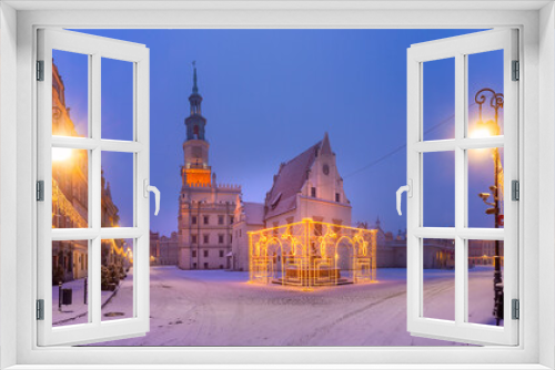 Fototapeta Naklejka Na Ścianę Okno 3D - Panorama of Poznan Town Hall and Christmas tree at Old Market Square in Old Town in the snowy night, Poznan, Poland