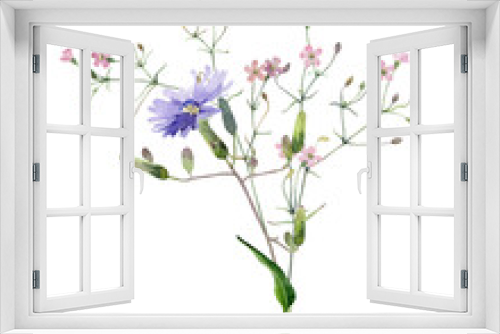 Fototapeta Naklejka Na Ścianę Okno 3D - Watercolor bouquet of blue chamomile and pink flowers on a white background. For congratulations, invitations, weddings, anniversaries, birthdays 