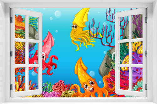 Fototapeta Naklejka Na Ścianę Okno 3D - Many different squids cartoon character in the underwater background