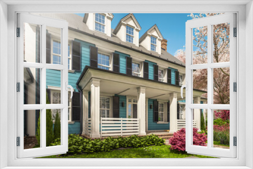 Fototapeta Naklejka Na Ścianę Okno 3D - 3d rendering of modern cozy classic house in colonial style with garage and pool for sale or rent with beautiful landscaping Fresh spring day with a blooming trees with flowers of sakura on backgraund