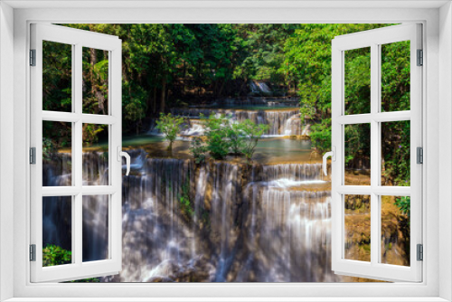 Fototapeta Naklejka Na Ścianę Okno 3D - Huay Maekamin Waterfall Tier 4 (Chatkaew) in Kanchanaburi, Thailand; photo by long exposure with slow speed shutter
