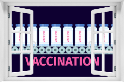 Fototapeta Naklejka Na Ścianę Okno 3D - Conveyor of coronavirus vaccine vials. Vaccination against Covid-19. Middle East Respiratory Syndrome. Vector illustration