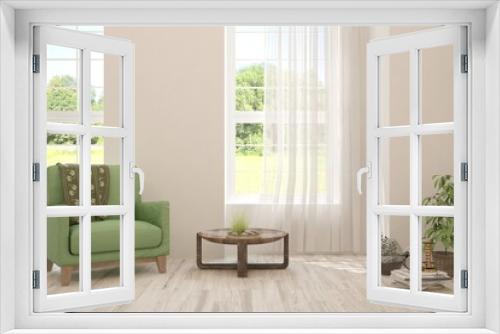 White living room with armchair and green landscape in window. Scandinavian interior design. 3D illustration