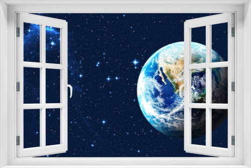 Fototapeta Naklejka Na Ścianę Okno 3D -  Planet Earth on dark blue night sky with bright stars. Banner format. Elements of this image furnished by NASA