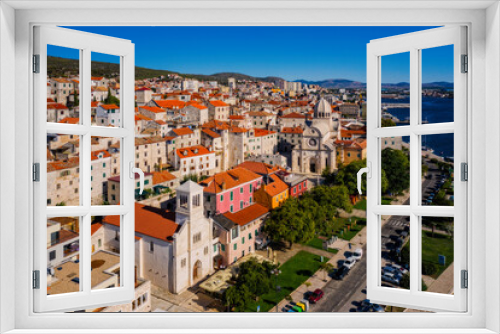 Fototapeta Naklejka Na Ścianę Okno 3D - Panorama of the mediterranean city of Sibenik and cathedral of St. James. Croatia. Aerial drone shot in september 2020