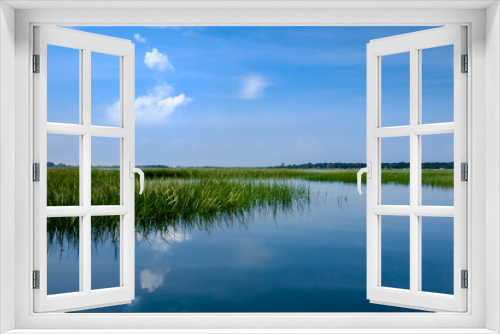 Fototapeta Naklejka Na Ścianę Okno 3D - lake with green reeds and sky with white clouds