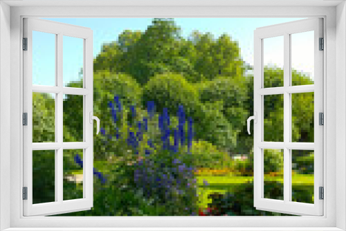 Fototapeta Naklejka Na Ścianę Okno 3D - Beautiful public garden. Flowerbed with bright flowers, geranium and begonia. Gardening background. Floral cultivars, selection. Green grass and trees. Summer park. Beauty in nature. Ecology concept.