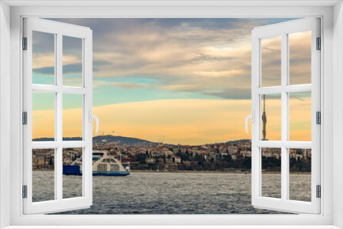 Fototapeta Naklejka Na Ścianę Okno 3D - Cruise ferries in Bosphorus between european and asian coasts of Istanbul. Turkey.