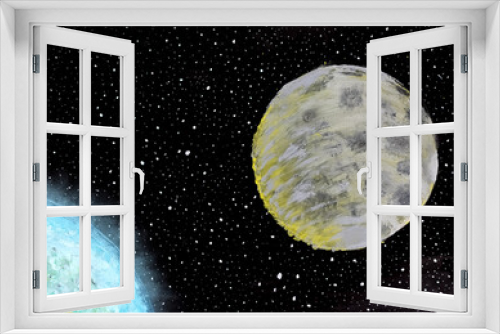 Fototapeta Naklejka Na Ścianę Okno 3D - Painting the earth and the moon in space. Abstract space with stars and a beautiful earthy atmosphere in blue. Illustration of the moon with craters and a view of the earth