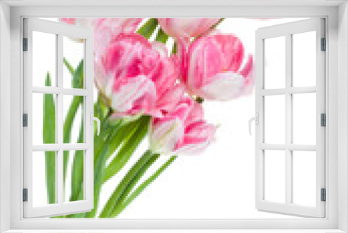 Fototapeta Naklejka Na Ścianę Okno 3D - Bouquet of spring pink tulips flowers isolated on white background closeup. Flowers bunch in air, without shadow. Top view, flat lay.