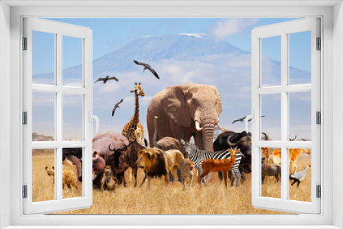 Fototapeta Naklejka Na Ścianę Okno 3D - Group of many African animals giraffe, lion, elephant, monkey and others stand together in with Kilimanjaro mountain on background