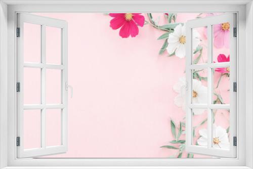 Fototapeta Naklejka Na Ścianę Okno 3D - Composition from summer flowers. Kosmey flowers on pastel pink background.