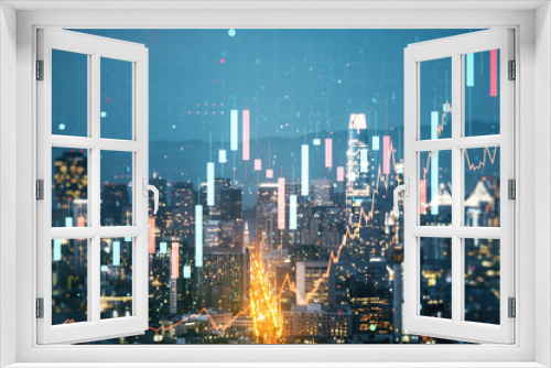 Fototapeta Naklejka Na Ścianę Okno 3D - Multi exposure of abstract virtual financial graph hologram on San Francisco skyline background, forex and investment concept