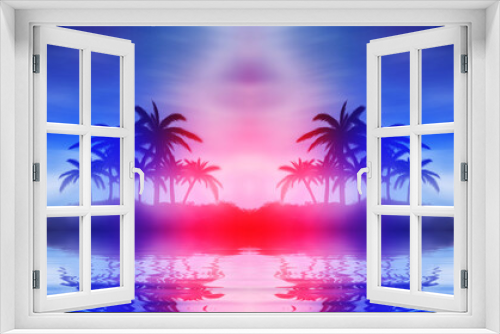 Fototapeta Naklejka Na Ścianę Okno 3D - Abstract futuristic background. Silhouettes of palm trees on a t