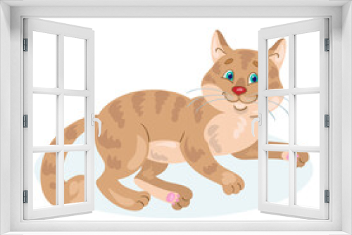 Fototapeta Naklejka Na Ścianę Okno 3D - A cute brown cat is lying down. In cartoon style. Isolated on white background. Vector flat illustration.