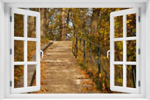 Fototapeta Naklejka Na Ścianę Okno 3D - Treppe mit Herbstlaub