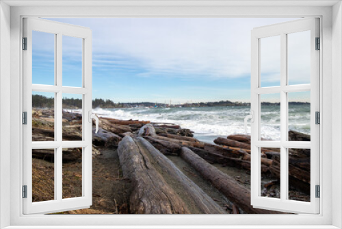 Fototapeta Naklejka Na Ścianę Okno 3D - Driftwood on the beach and big waves in the Salish Sea at Coburg Peninsual near Victoria, British Columbia, Canada