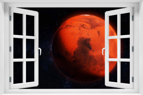 Fototapeta Naklejka Na Ścianę Okno 3D - Mars planet 3D render illustration, high detailed surface features, martian red globe scientific background with stars in the background.