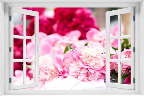 Fototapeta Naklejka Na Ścianę Okno 3D - Peonies bouquet background. Spring, summer bright concept