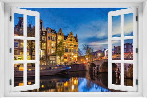 Fototapeta Naklejka Na Ścianę Okno 3D - Amsterdam Netherlands, night city skyline of Dutch house at canal waterfront