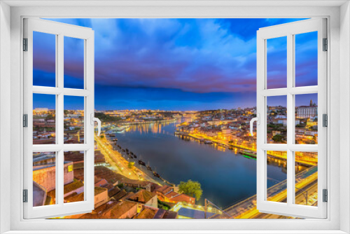 Fototapeta Naklejka Na Ścianę Okno 3D - Porto Portugal night city skyline at Porto Ribeira and Douro River and Dom Luis I Bridge