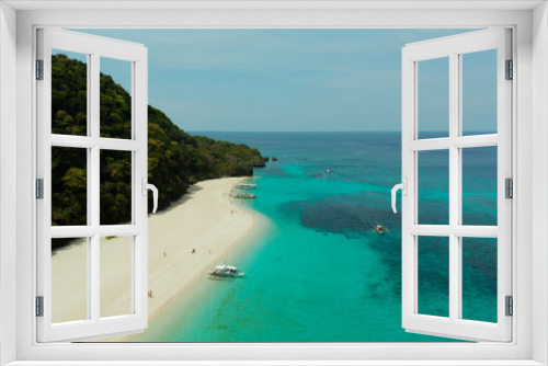 Fototapeta Naklejka Na Ścianę Okno 3D - Sandy beach and turquoise water in the tropical resort of Boracay, Puka shell beach, Philippines aerial view. White beach with tourists. Summer and travel vacation concept.