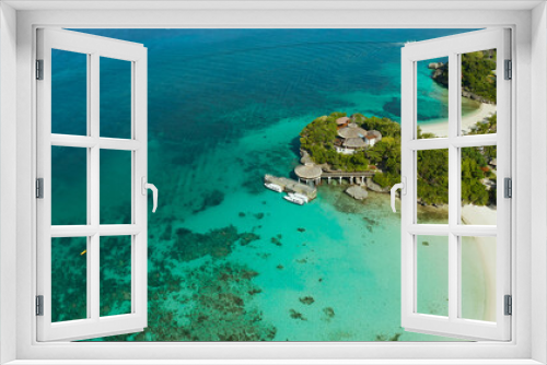 Fototapeta Naklejka Na Ścianę Okno 3D - White sandy beach with tourists and hotels in Boracay Island, Philippines, aerial view. Seascape with beach on tropical island. Summer and travel vacation concept.