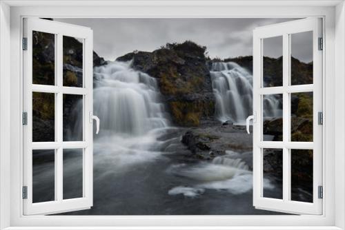 Fototapeta Naklejka Na Ścianę Okno 3D - double waterfall in river with silky water. dry autumn grass- Fairy Pools - Skye Island - Scotland - Uk