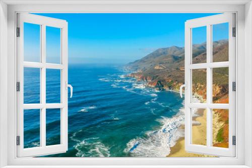 Fototapeta Naklejka Na Ścianę Okno 3D - Aerial view from a drone, beautiful coastal landscape on Pacific Highway 1, traveling south to Los Angeles, Big Sur, California. Concept, vacation, tourism