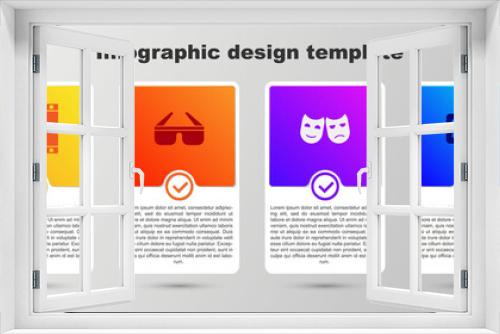 Set Play Video, 3D cinema glasses, Comedy and tragedy masks and VHS video cassette tape. Business infographic template. Vector.