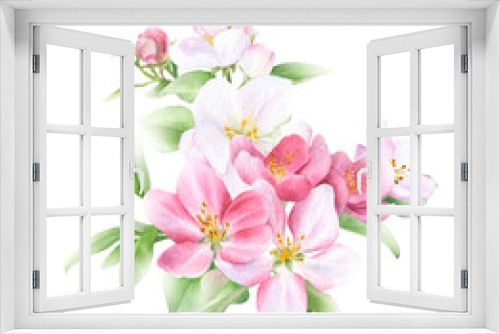 Fototapeta Naklejka Na Ścianę Okno 3D - Apple blossom arrangement with flowers, buds and leaves hand drawn in watercolor isolated on a white background. Watercolor illustration. Apple blossom. Floral composition.
