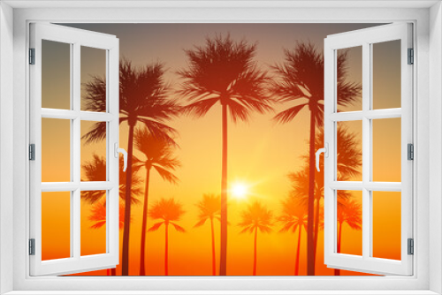 Fototapeta Naklejka Na Ścianę Okno 3D - palm trees sunset sky