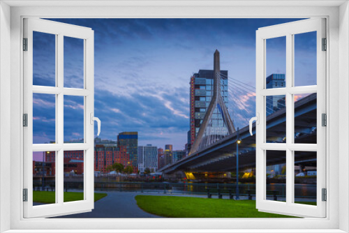 Fototapeta Naklejka Na Ścianę Okno 3D - Boston Skyline Nightscape with Suspension Bridge over the Green River Bank