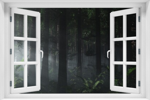Fototapeta Naklejka Na Ścianę Okno 3D - Foggy morning in a pine forest, light through the trees, forest in the haze, morning park in the smoke, rays of light in the branches, 3d rendering