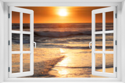 Fototapeta Naklejka Na Ścianę Okno 3D - Sunset and beach. Seascape background. Bright sunlight. Sun at horizon line. Scenic view. Sunset golden hour. Sunlight reflection in water. Magnificent scenery. Copy space. Bali