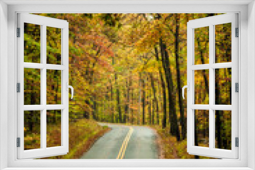 Fototapeta Naklejka Na Ścianę Okno 3D - road trip on open road and highway traversing vibrant autumn woods