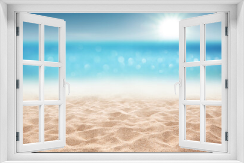 Fototapeta Naklejka Na Ścianę Okno 3D - Tropical summer sandy beach focus area and bokeh sun light on blurry sea background Summer time concept background