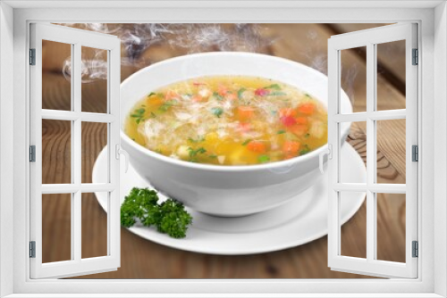 Fototapeta Naklejka Na Ścianę Okno 3D - Bowl of delicious vegetable soup on a table