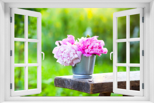 Fototapeta Naklejka Na Ścianę Okno 3D - Beautiful bouquet of the fresh pink peony flowers outdoors in summer day.