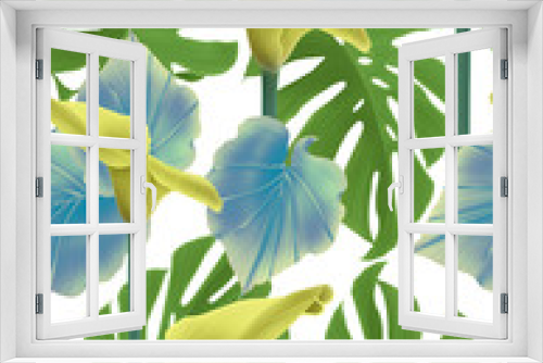 Fototapeta Naklejka Na Ścianę Okno 3D - Tropical seamless pattern with bright colors, leaves and flowers. Unique high quality image. Hawaiian floral design