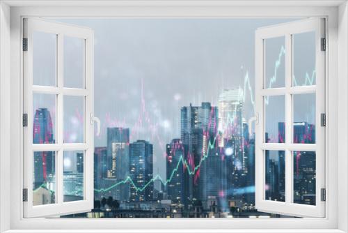 Fototapeta Naklejka Na Ścianę Okno 3D - Multi exposure of virtual abstract financial diagram on Los Angeles office buildings background, banking and accounting concept