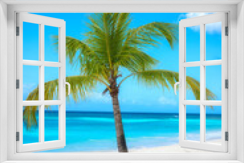 Fototapeta Naklejka Na Ścianę Okno 3D - Amazing tropical paradise beach with white sand, coconut palm, sea and blue sky, outdoor travel background, summer holiday concept, natural wallpaper. Caribbean, Saona island, Dominican Republic
