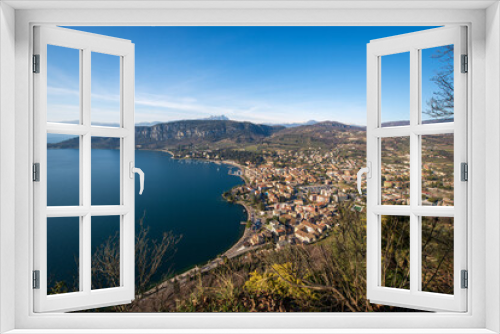 Fototapeta Naklejka Na Ścianę Okno 3D - Aerial View of the Small Garda Town, tourist resort on the coast of Lake Garda, view from the Rocca di Garda, small hill overlooking the lake. Verona province, Veneto, Italy, Europe.
