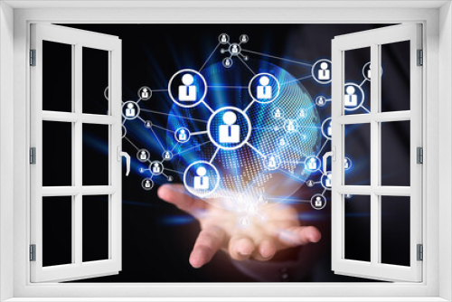 businessman hand holding virtual structure networking people connection