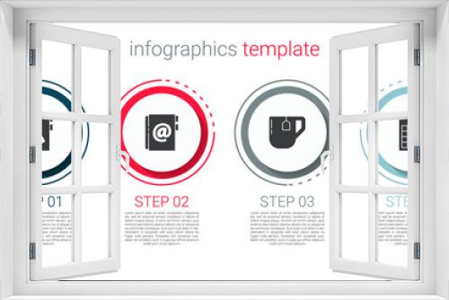 Set Address book, , Cup of tea with tea bag and File document. Business infographic template. Vector