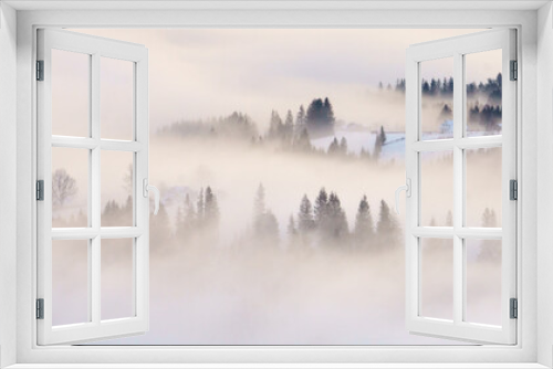 Fototapeta Naklejka Na Ścianę Okno 3D - Mist on mountain hills panoramic view, banner.